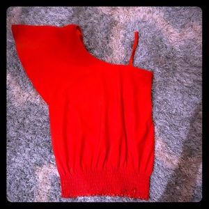 Orange One shoulder ruffle sleeve blouse